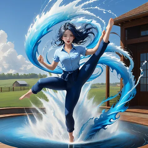 A dynamic scene of a young woman with long, flowing blue hair tied back, wearing a light blue shirt and dark blue rolled-up pants, performing a high kick against a massive water tornado. The water tornado, with a spiraling structure, is bursting and splash...