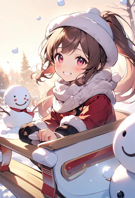 Highest quality、High resolution、Detailed Background、Beautiful face in every detail、Teenage beauty、cuteカラーの髪色、ponytail、Bobcut、cute髪型、cute仕草、A big smile、smile、
Snowman hats, scarves and other accessories、A girl is playing on a sled in the snow、少女がsmileでソリに座り...