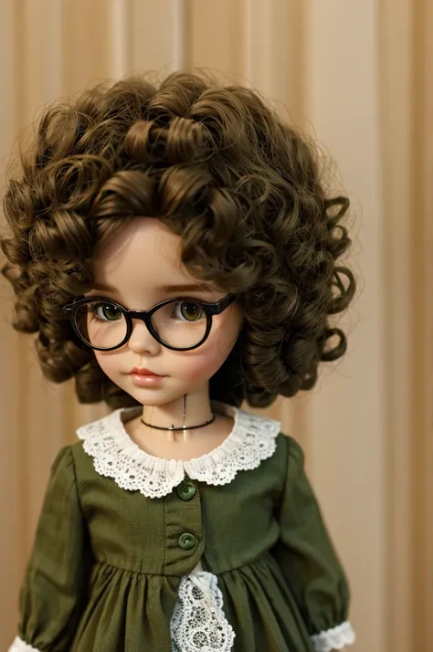 Blythe doll with curly hair and glasses green dress brown eyes 