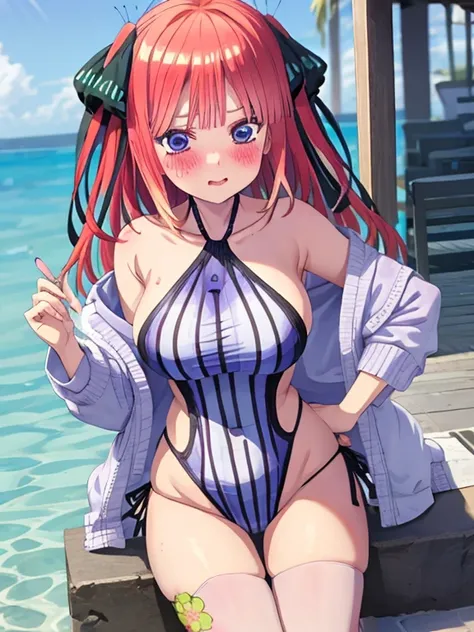 best quality, insanely detailed, nino nakano,  breasts, blush, swimsuit, halterneck, striped, flower print swimsuit, 