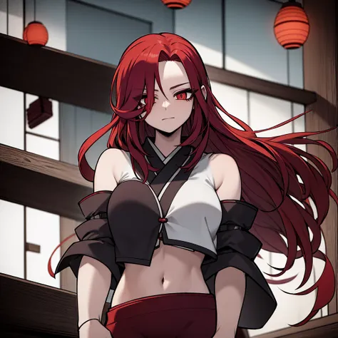 Female anime character, long red hair, plum eyes, with a dark glow, she wears a dark green short kimono and thigh-high stockings