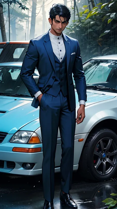 Indian man Rahul 28 years old wearing blue suit black shoes his repaing his car a  through nigh dark heavy rain dence forest 