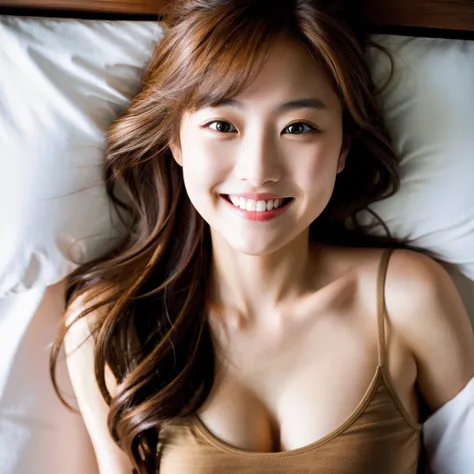 (masterpiece, Highest quality:1.2), 21-year-old Japan woman, alone, Oversized tank top、panties, 8K, Super detailed, Highest quality, 16K, Smiling Kindly、Lying in bed, morning、high resolution、High resolution、Realistic、Real、Long Hair、Brown Hair、slim、Fashion ...