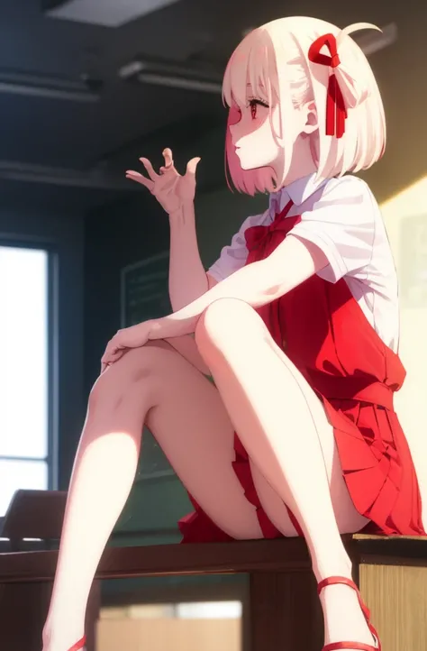 
Random pose、spread your legs、pale chestnut hair、short hair、Red eyes、Red ribbon、Blushing、I can see her pantie-shaped legs、School classroom.
Random pose