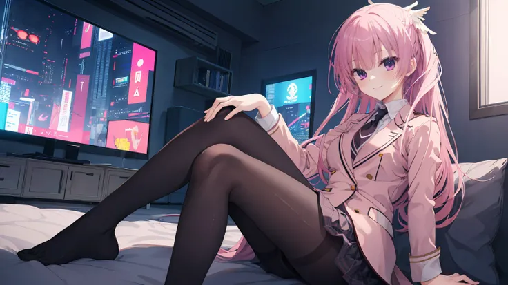 A girl，solo，Pink long hair，happy，Smile，Medium long hair，Dissemination，kikka academy uniform, pantyhose, highres, absurdres，Black underwear,City background，Cyberpunk, Anime style 4k, Sitting on the sofa，indoors，In the bedroom，mitsukasa ayase、Character-cente...