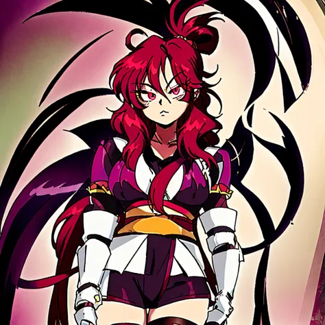 female anime character, long red hair, plum eyes, with a dark glow, she wears a dark green short kimono and thigh-high stockings