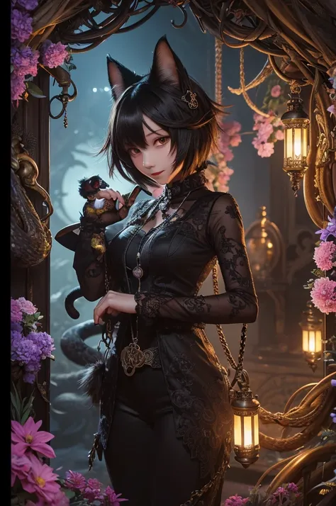 (Cover page, Highest quality, High resolution, Super detailed)silhouette(kemono, Furry Personification)Have a striking pocket watch, Surrounded by flowers, Snakes and Darkness, Example rendering, Intricate details, Mysterious atmosphere, Vibrant colors, Dy...