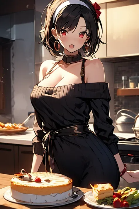 masterpiece, yor, 1girl, Amazing Cleavage:1.3, thin waist, big ass, Raised sexy, medium breast: 1.8 posed cleavage:1.2、solo, looking at viewer, open mouth, have a cup of coffee,black hair, red eyes, dress, bare shoulders, jewelry, collarbone, sidelocks, ha...