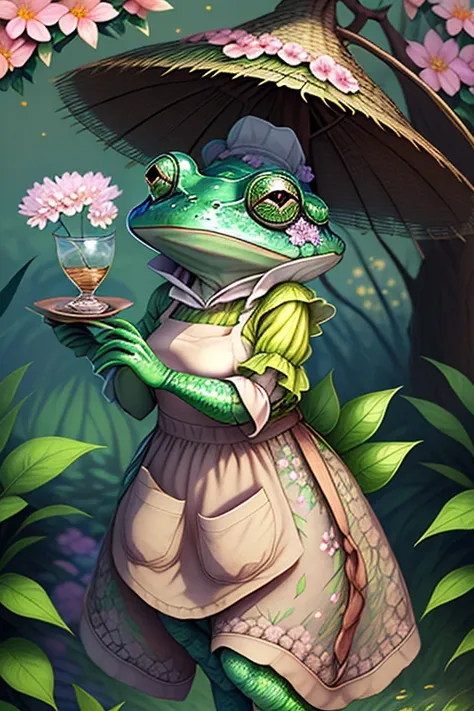 fantchar, an adorable frog creature wearing a brown apron and a flowery flower hat and drinking tea in a lush garden, humanoid, ...