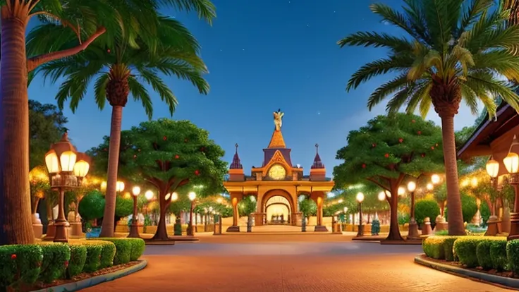 park entrance.  in a Brazilian city.  There are colorful lights hanging from every tree, and a big snowman welcoming all visitors. Disney stile