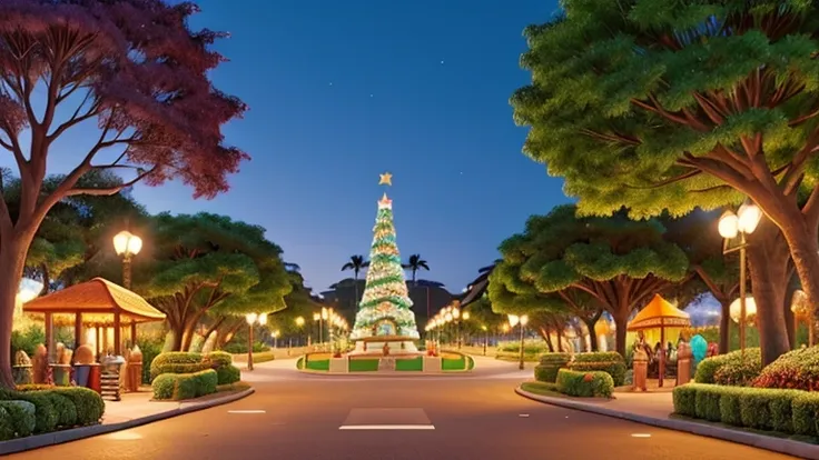 park entrance.  in a Brazilian city.  There are colorful lights hanging from every tree, and a big snowman welcoming all visitors. Disney stile