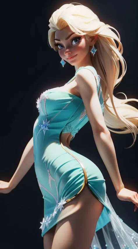 envision elsa in a graceful pose,  crystal chest  chest elsa, cute smile, serious and cute smile, beautiful elsa, ,  her back pa...