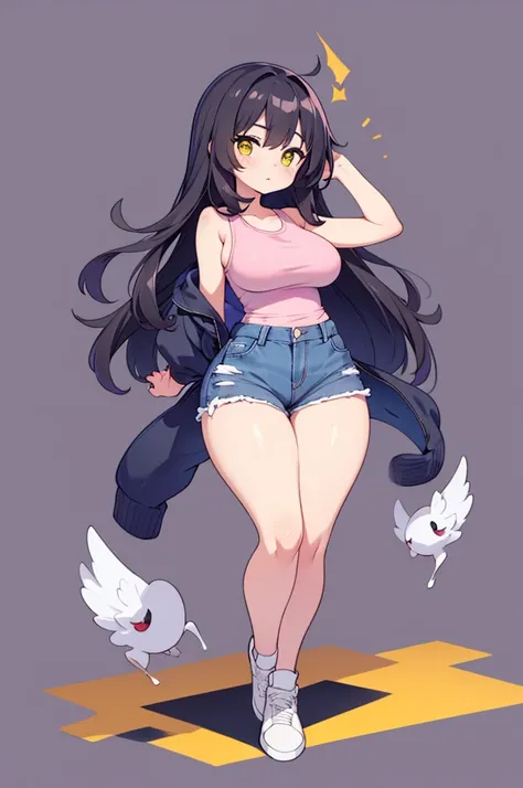 Young anime milf, long wavy black hair, long black hair, yellow eyes, full body, no background, big tits, big breasts, big thighs, big waist, thick legs, thicc legs, small feet, small, short, short sexy body, curvy body, curvous body, curvy legs, voluptous...