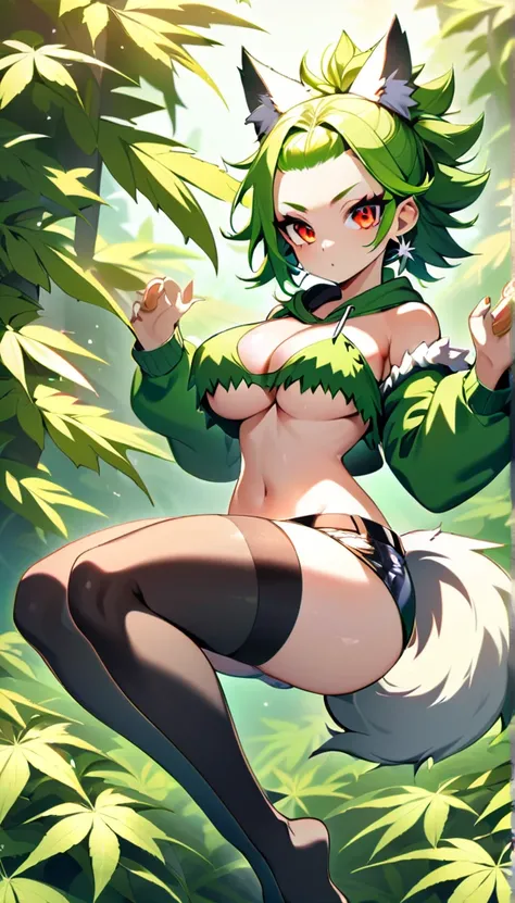   , Croped, , cleavage, slim waist, cropped hoodie underboob, cropped hoodieunderboobhoodie, 1girl, 2 wolf ears, wolf tail, marijuana crop hoodie, crop shorts, marijuana hoodie, spiky hair, spiky fur, green hair, red eyes,marijuana field, tight clothes, pe...