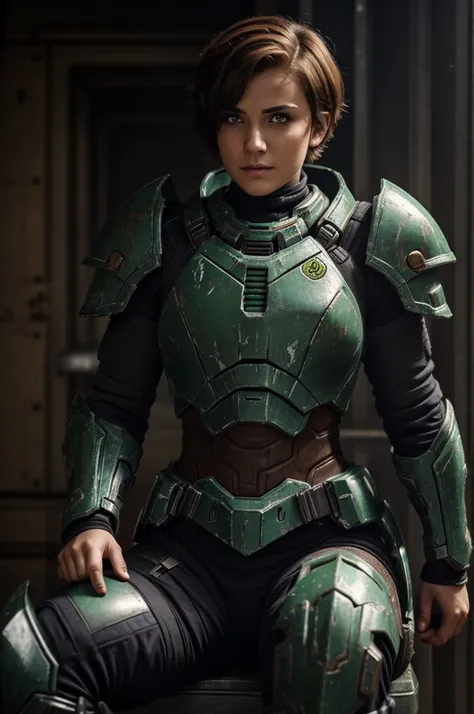 (masterpiece), best quality, expressive eyes, perfect face, wearing doom slayer armor,, short hair , 1 gril , full boby, sitting with a cold and threatening look , 