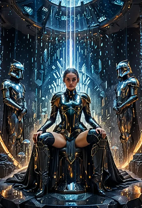 (Umbrella, rain), modernist style, a woman dressed in Star Wars armor sits on a pure crystal throne, surrounded by cosmic dust and faint stellar light. She gazes at the holographic projection in front of her, commanding the interstellar fleet, (Photography...