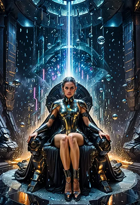 (Umbrella, rain), modernist style, a woman dressed in Star Wars armor sits on a pure crystal throne, surrounded by cosmic dust and faint stellar light. She gazes at the holographic projection in front of her, commanding the interstellar fleet, (Photography...