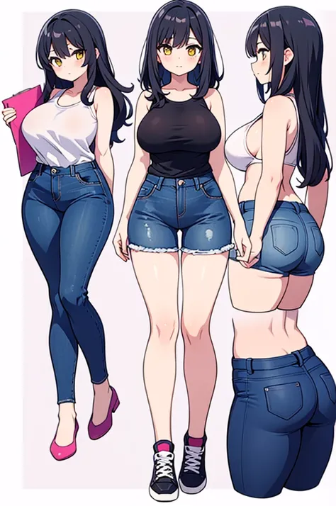 Young anime milf, long wavy black hair, long black hair, yellow eyes, full body, no background, big tits, big breasts, big thighs, big waist, thick legs, thicc legs, small feet, small, short, short sexy body, curvy body, curvous body, curvy legs, voluptous...