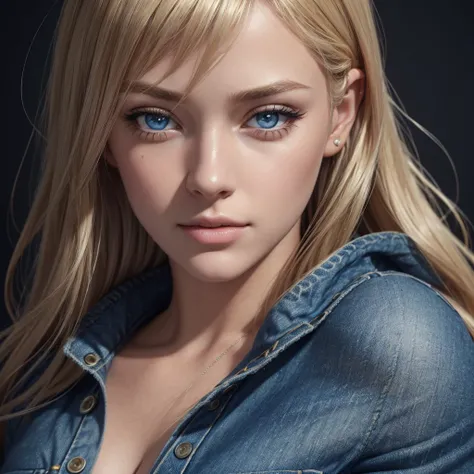 a photo-realistic portrait of a young woman with blonde hair, detailed face features, wearing a white top, denim vest, and dark blue denim jeans with 4 silver buttons, detailed face, beautiful detailed eyes, beautiful detailed lips, extremely detailed eyes...