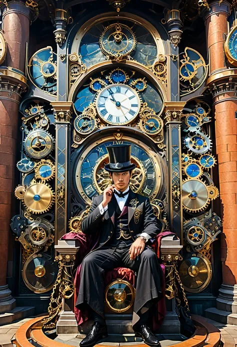 (Throne of Power), neoclassical style, an Asian man wearing a top hat and a vintage robe sits on the throne of a clock tower made up of gears and hands. There are doors on each side leading to different eras, and he controls the flow of time by adjusting t...