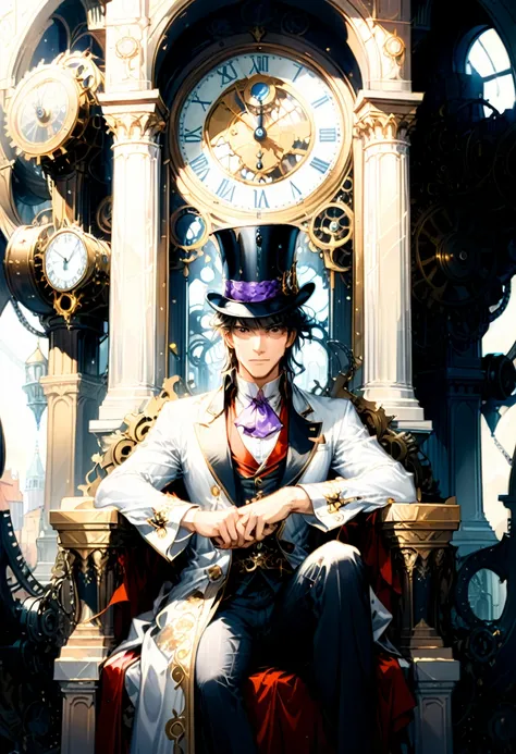 (Throne of Power), neoclassical style, man wearing a top hat and a vintage robe sits on the throne of a clock tower made up of gears and hands. There are doors on each side leading to different eras, and he controls the flow of time by adjusting the hourgl...