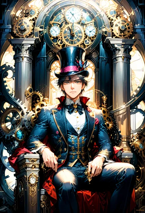 (Throne of Power), neoclassical style, man wearing a top hat and a vintage robe sits on the throne of a clock tower made up of gears and hands. There are doors on each side leading to different eras, and he controls the flow of time by adjusting the hourgl...