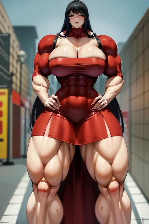 raffe woman in a red dress posing on a street, heavy looking, thicc, giantess art, highly detailed giantess shot, thick body, massive legs towering over you, muscular ultraviolent woman, powerful and huge, hyperrealistic full figure, exaggeratedly large ph...