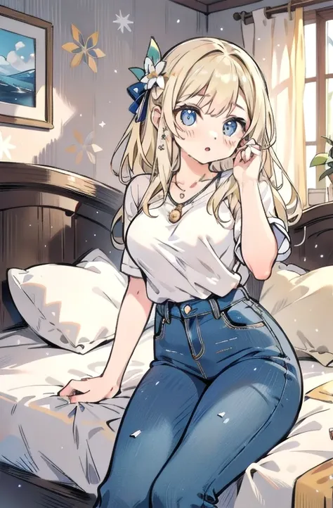 work of art, best qualityer, high resolution, kashiwazaki sena, borboleta_body hair_ornament, blonde body hair, long body hair, breasts big, water eyes, 1 girl, standing alone, bangss,top cut, short jeans, cowboy shot, ssmile, pose sexy, bed-in, bed-inroom...