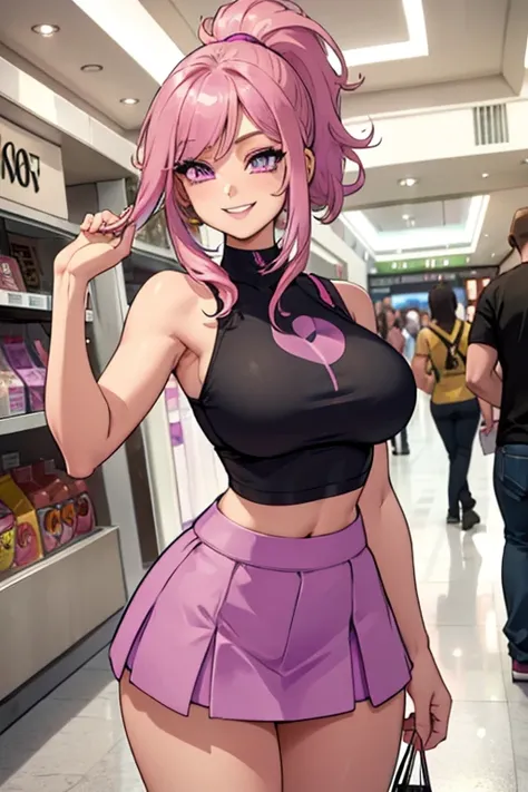 A pink haired with a violet eyes with an hourglass figure in a crop top and short skirt is shopping in the mall with a big smile and her hair in a ponytail