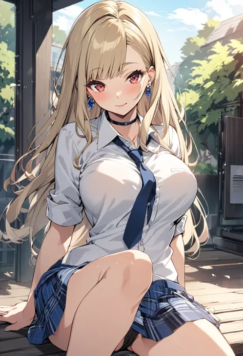 a sexy anime woman that is nude posing on a bench with her butt visible, 1girl, kitagawa marin, blonde hair, solo, breasts, skirt, underwear, jewelry, panties, earrings, necktie, long hair, black panties, , shirt, white shirt, looking at viewer, choker, si...