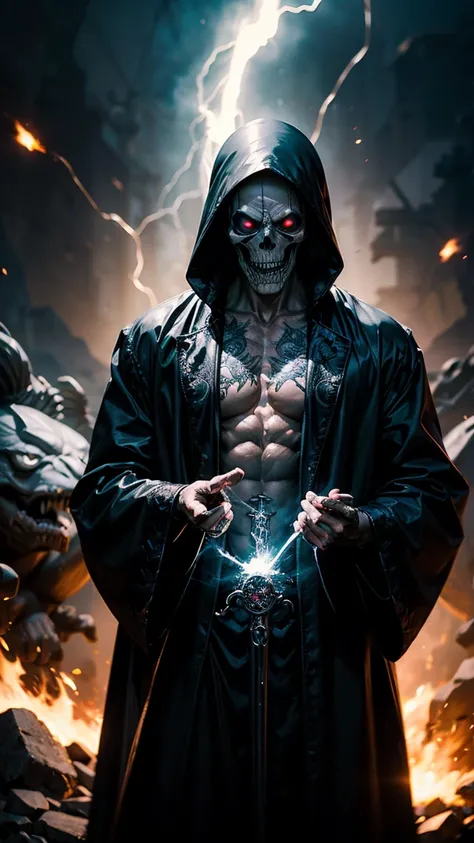 ((grim Reaper)) , ((a muscular grim Reaper dressed in black)), platinum blond hair, casting a powerfull spell, dramatic ball lightning between hands, dragon background, ancient chinese temple, highly detailed, photography, ultra sharp, film, bokeh, profess...