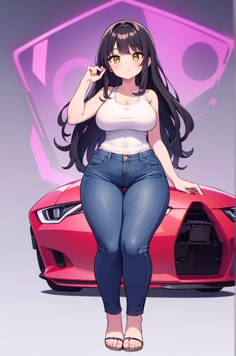 Young anime milf, long wavy black hair, long black hair, yellow eyes, full body, no background, big tits, big breasts, big thighs, big waist, thick legs, thicc legs, small feet, small, short, short sexy body, curvy body, curvous body, curvy legs, voluptous...