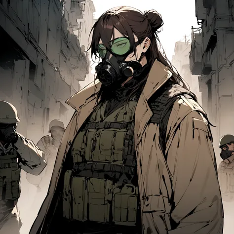 (masterpiece), best quality, Male, maroon messy long hair, hair bun, neck roses tattoo. brown fur lined coat, tactical vest, waist up view, upper body view, gas-mask, Black M50 gas-mask, male, masculine, wearing a coat over the vest, male, green lenses, ma...