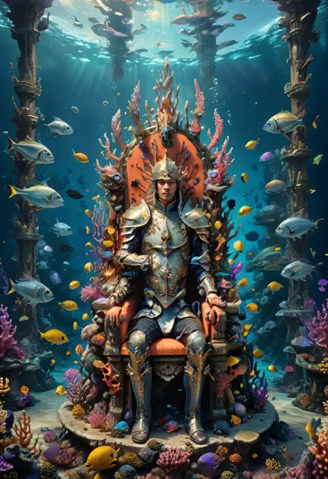 (Throne of Power), Surrealist style, warriors wearing pearl inlaid armor sit on a coral throne surrounded by colorful schools of fish and strange underwater creatures, holding glowing tridents to protect the tranquility and balance of the ocean. The backgr...