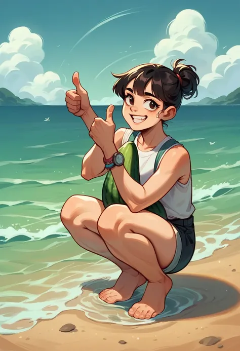 a young Asian woman is sitting squatting wide (water is gushing out), hands giving thumbs up on a beach, behind her is seen standing a queue of dashing smiling men carrying a black wooden blunt resembling the shape of a slimy cucumber