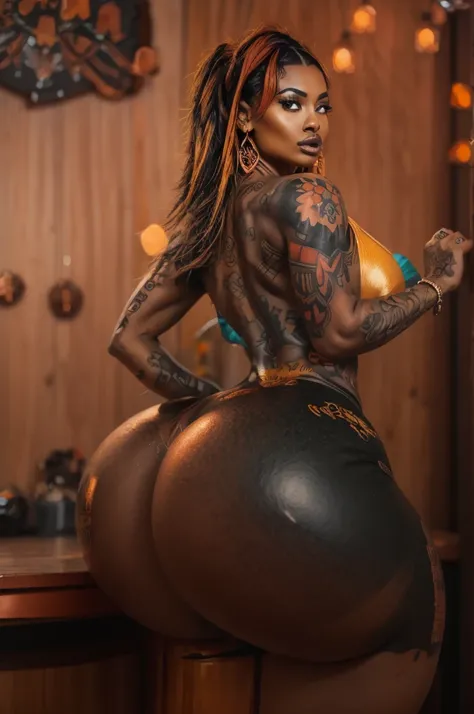 Black woman with tattoos painted in copper colors, laranja e dourado
