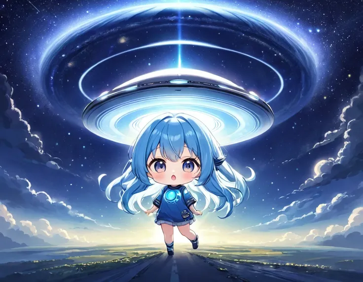 Light blue long hair、Twin-tailed Chibi Character、T-shirt and jeans、Dark Eyes、Scary face、A large unidentified flying object (UFO) is flying、Aliens descended from a UFO、Chibi characters with aliens、A shining light from the UFO、Starry Sky、Moonlit Night、milky ...