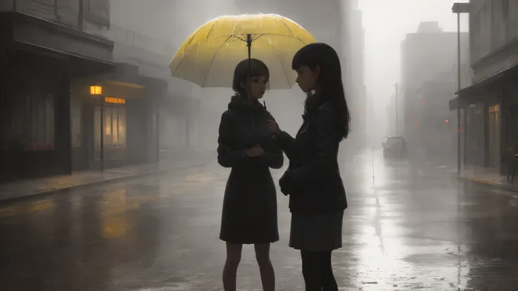 "Set in a cinematic 16:9 aspect ratio, envision a rainy day scene capturing a mood of solitude and reflection. A girl with a yellow umbrella stands at the edge of a quiet street, her silhouette framed against the misty backdrop of urban buildings blurred b...