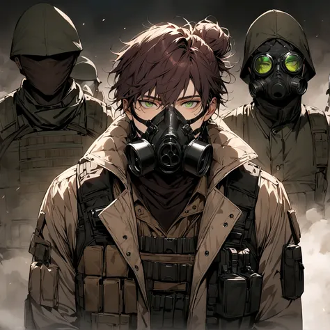 (masterpiece), best quality, Male, maroon messy hair, hair bun, brown fur lined coat, tactical vest, upper body view, gas-mask, Black M50 gas-mask, male, masculine, wearing a coat over the vest, male, green lenses, masked, hidden face, male soldier, portra...