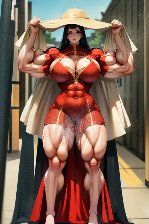 raffe woman in a red dress posing on a street, heavy looking, thicc, giantess art, highly detailed giantess shot, thick body, massive legs towering over you, muscular ultraviolent woman, powerful and huge, hyperrealistic full figure, exaggeratedly large ph...