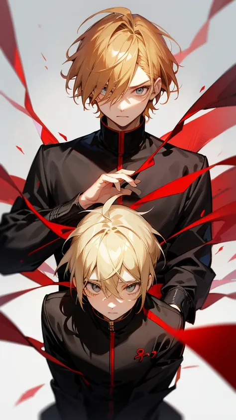 timochal2023, 1 men, brawny, o Matrix, anime clothes, hair blonde, black and red outfit, the eyes