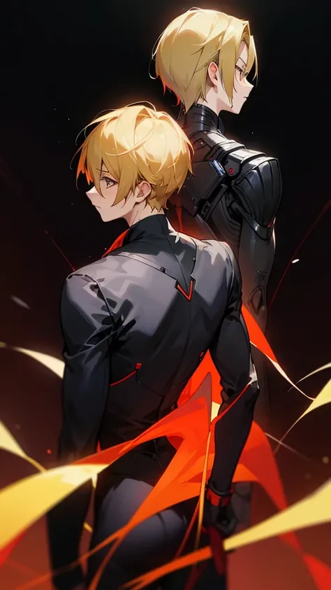 timochal2023, 1 men, brawny, o Matrix, anime clothes, hair blonde, black and red suit, black backdrop, no back ground