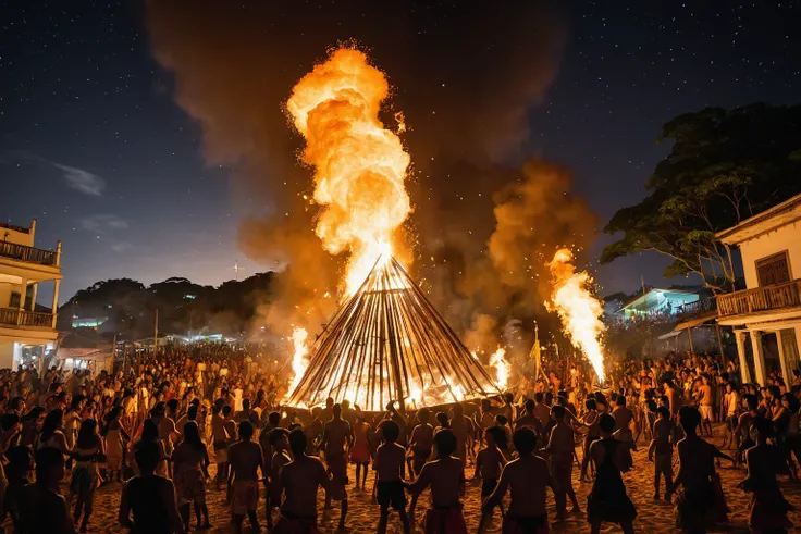 Documentary photography from the Brazilian Northeast, capturing a starry sky with a bright full moon. The main lighting comes from a São João bonfire, whose tall flames create dancing shadows all around. The central object of the image is the bonfire, surr...