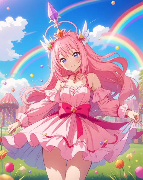 scepter, lots of candy, gumdrops, candycanes, a rainbow, candy, (a field of candy), 1girl, sugar queen, pink dress, a Sceptor of candy