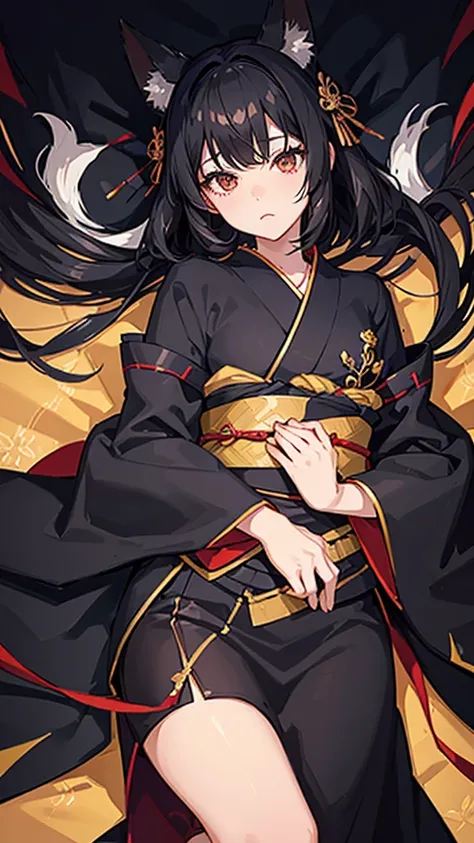 Black hair and fox ears、アニメ、One woman、Black Ribbon、kimono、kimono、hime cut、アニメ tone、beautiful girl、best quality、high quality、good anatomy、good hands、good body、lie down、Prone、looking at the camera