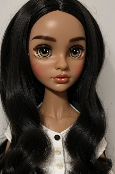 Blythe doll black hair, middle part, dark skin, mole in the nose