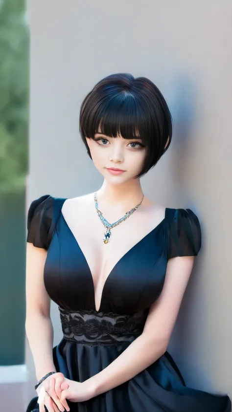 (masterpiece, best quality:1.2),bellissima, realistic, xcharleston style, 1girl, short hair, black hair, 1boy, dress, jewelry, earrings, blunt bangs, black dress, makeup, formal, suit, realistic