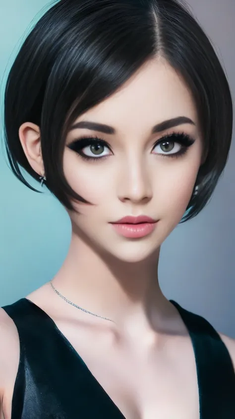 (masterpiece, best quality:1.2),bellissima, realistic, xcharleston style, 1girl, short hair, black hair, 1boy, dress, jewelry, earrings, blunt bangs, black dress, makeup, formal, suit, realistic