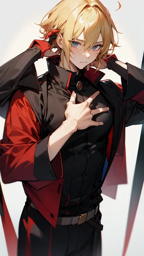 timochal2023, 1 men, brawny, o Matrix, anime clothes, hair blonde, black and red outfit, hand on face