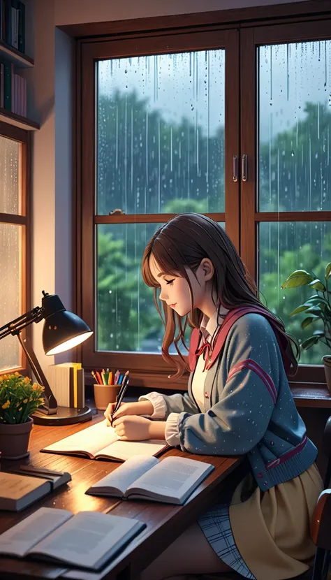 A girl studying at the desk, with rain in the window, cute clothes, cozy ambiance, 8K, Detailed.